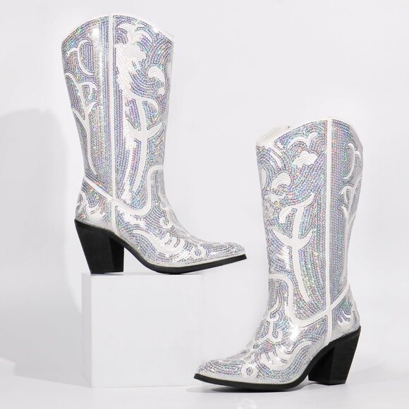 Women's Sequin Silver Fashion Western Zipper Pointed Toe Embroidered Boots - Picture 6 of 6